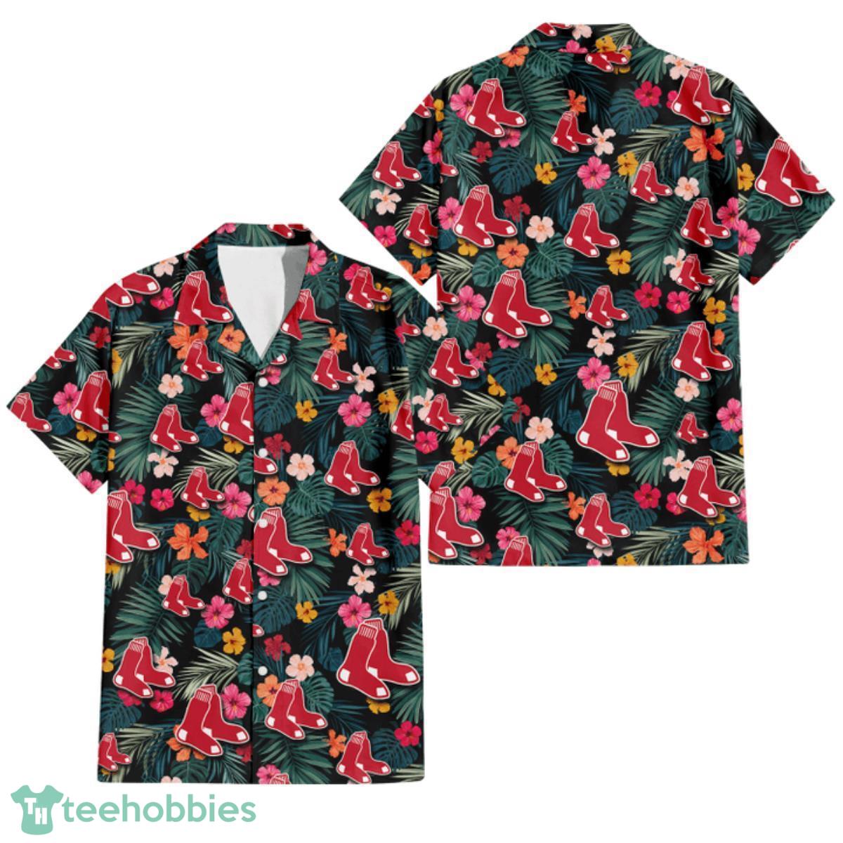 Boston Red Sox Pink Yellow Orange Hibiscus Big Tropical Leaf Black Background 3D Hawaiian Shirt Gift For Fans Gift For Fans Product Photo 1