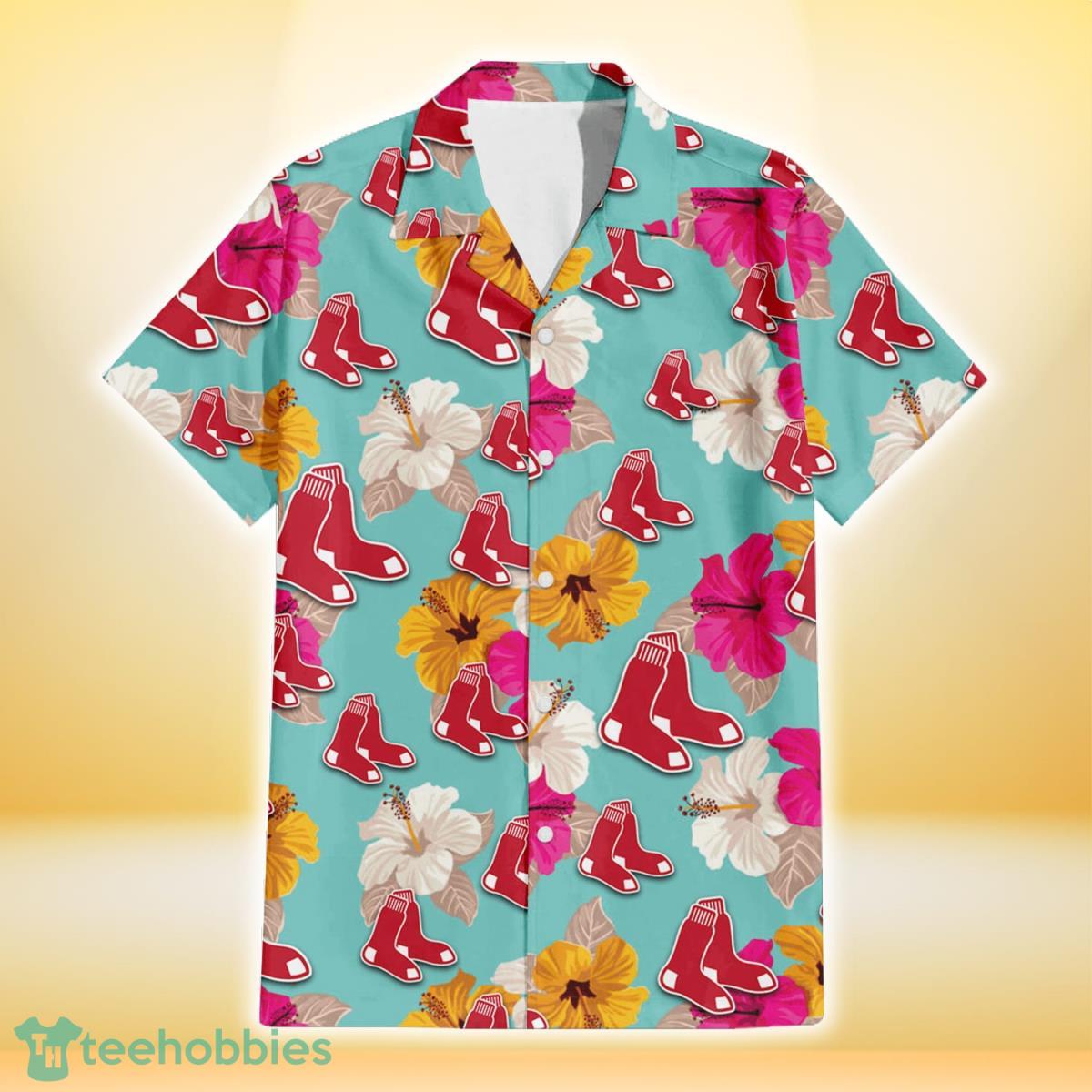 Boston Red Sox Pink Yellow White Hibiscus Turquoise Background 3D Hawaiian Shirt Gift For Fans Gift For Fans Product Photo 2