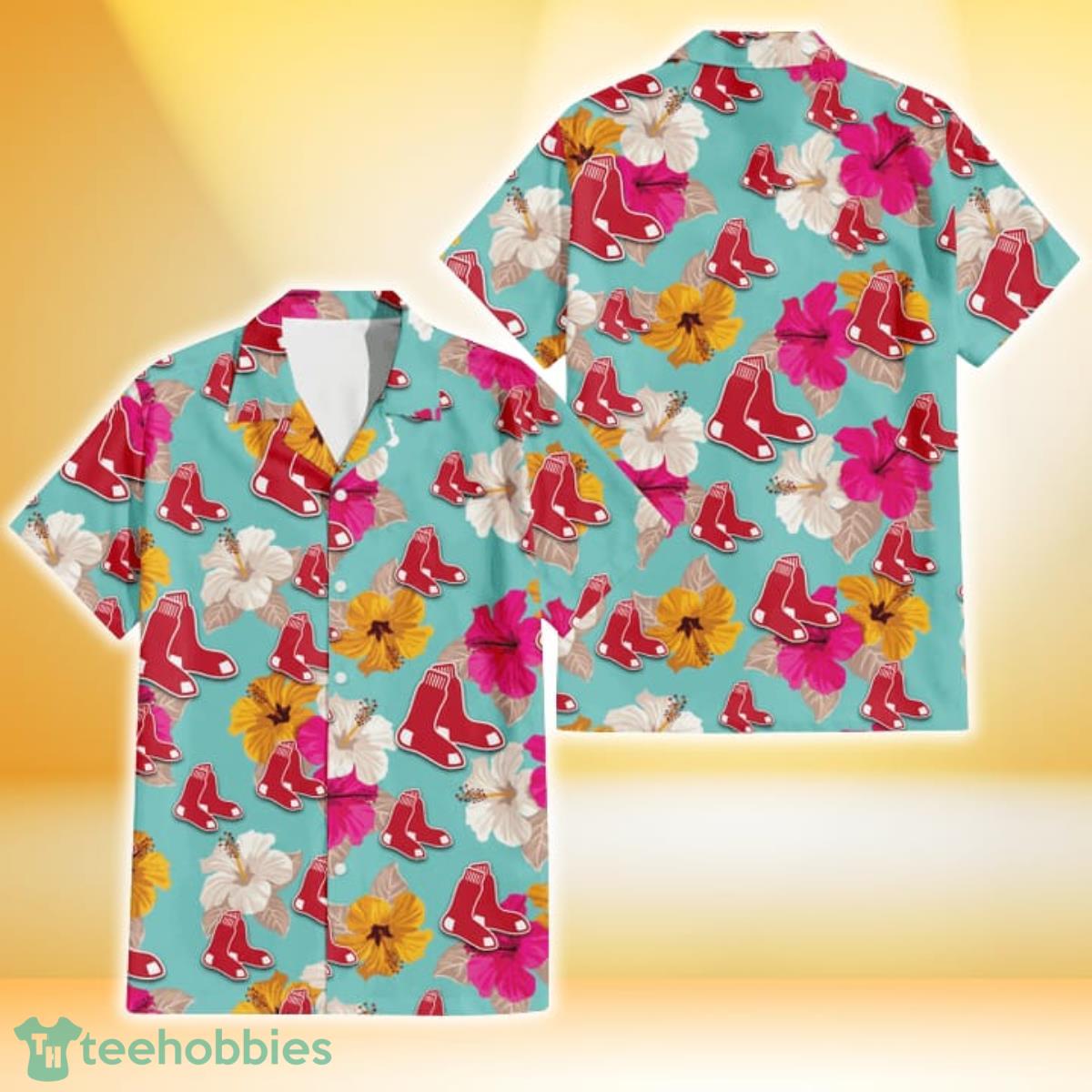 Boston Red Sox Pink Yellow White Hibiscus Turquoise Background 3D Hawaiian Shirt Gift For Fans Gift For Fans Product Photo 1