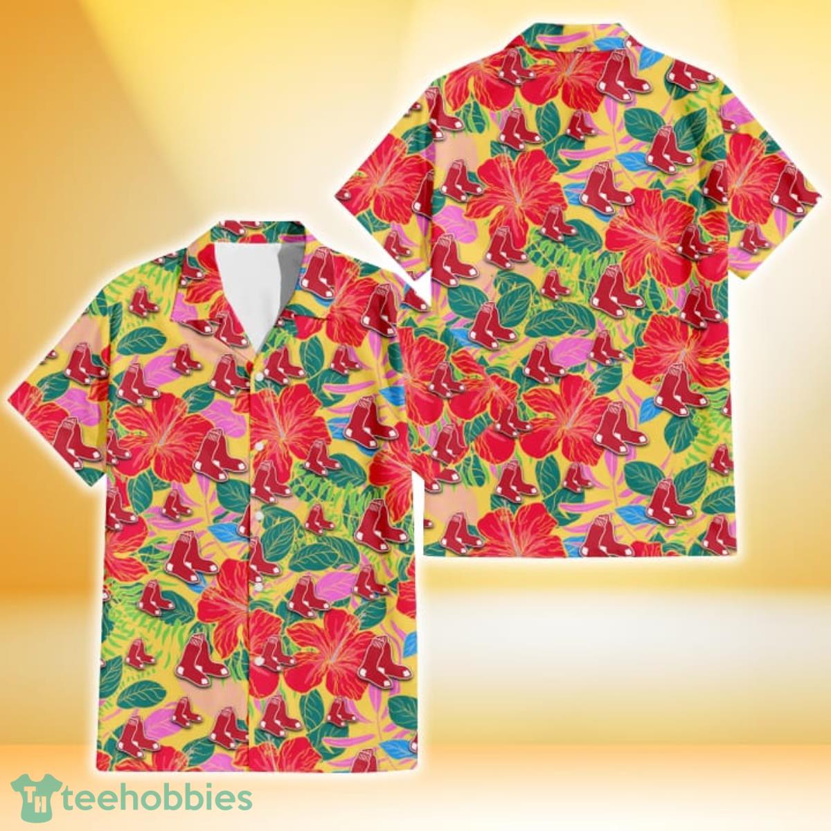 Boston Red Sox Red Hibiscus Green Blue Leaf Yellow Background 3D Hawaiian  Shirt Gift For Fans Gift For Fans