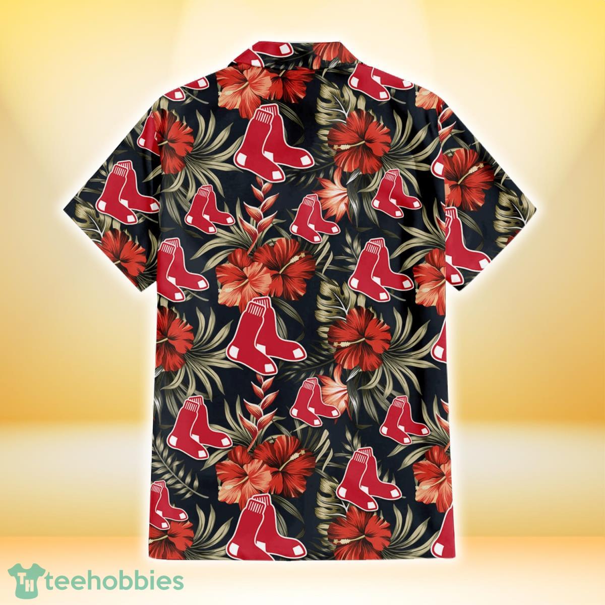 Boston Red Sox Light Pink Hibiscus Pale Green Leaf Black Background 3D  Hawaiian Shirt Gift For Fans Gift For Fans - YesItCustom