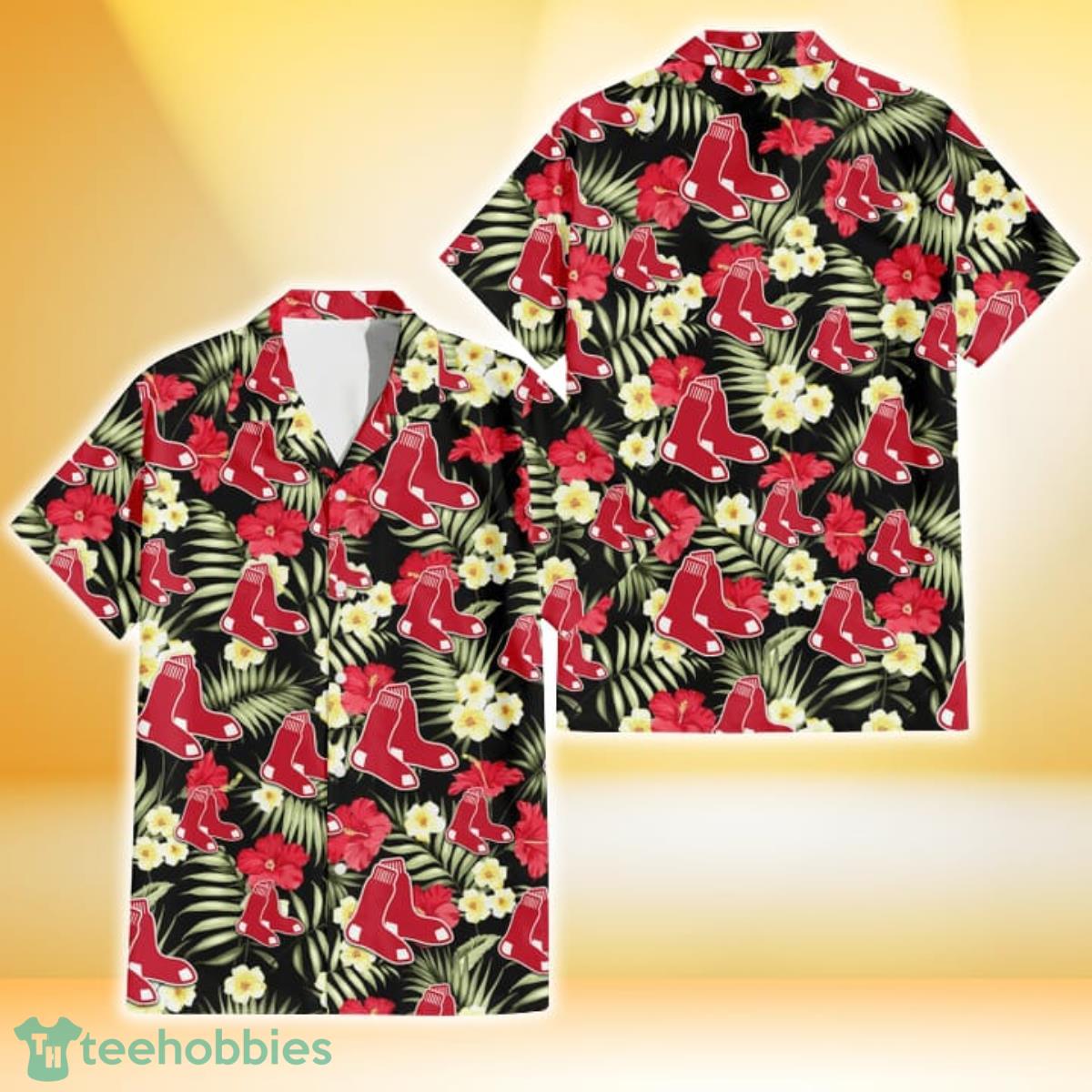 Boston Red Sox Pink Orange Yellow White Hibiscus Black Background 3D  Hawaiian Shirt Gift For Fans Gift For Fans - YesItCustom