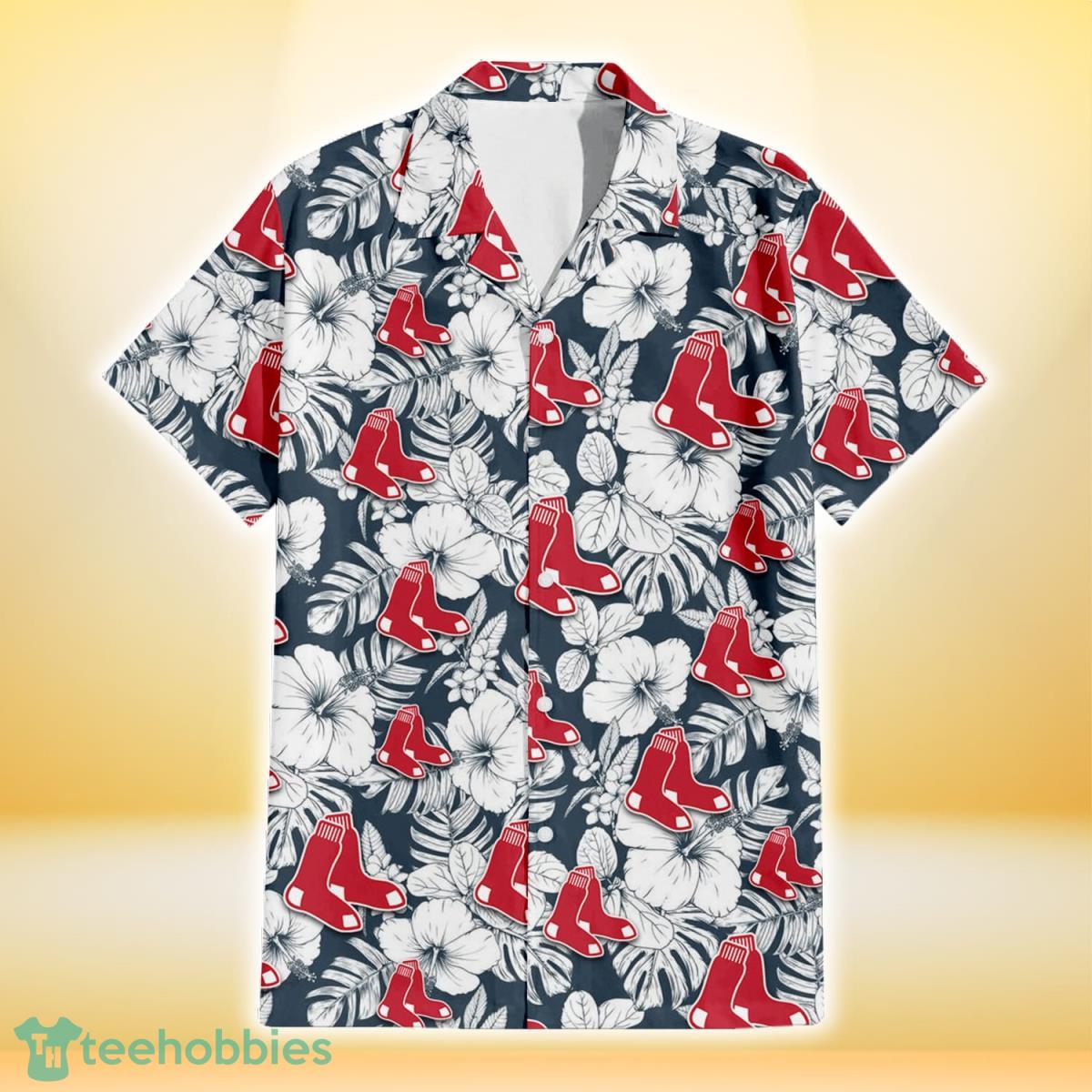 Boston Red Sox Sketch Hibiscus Leaf Dark Gray Background 3D Hawaiian Shirt Gift For Fans Gift For Fans Product Photo 2