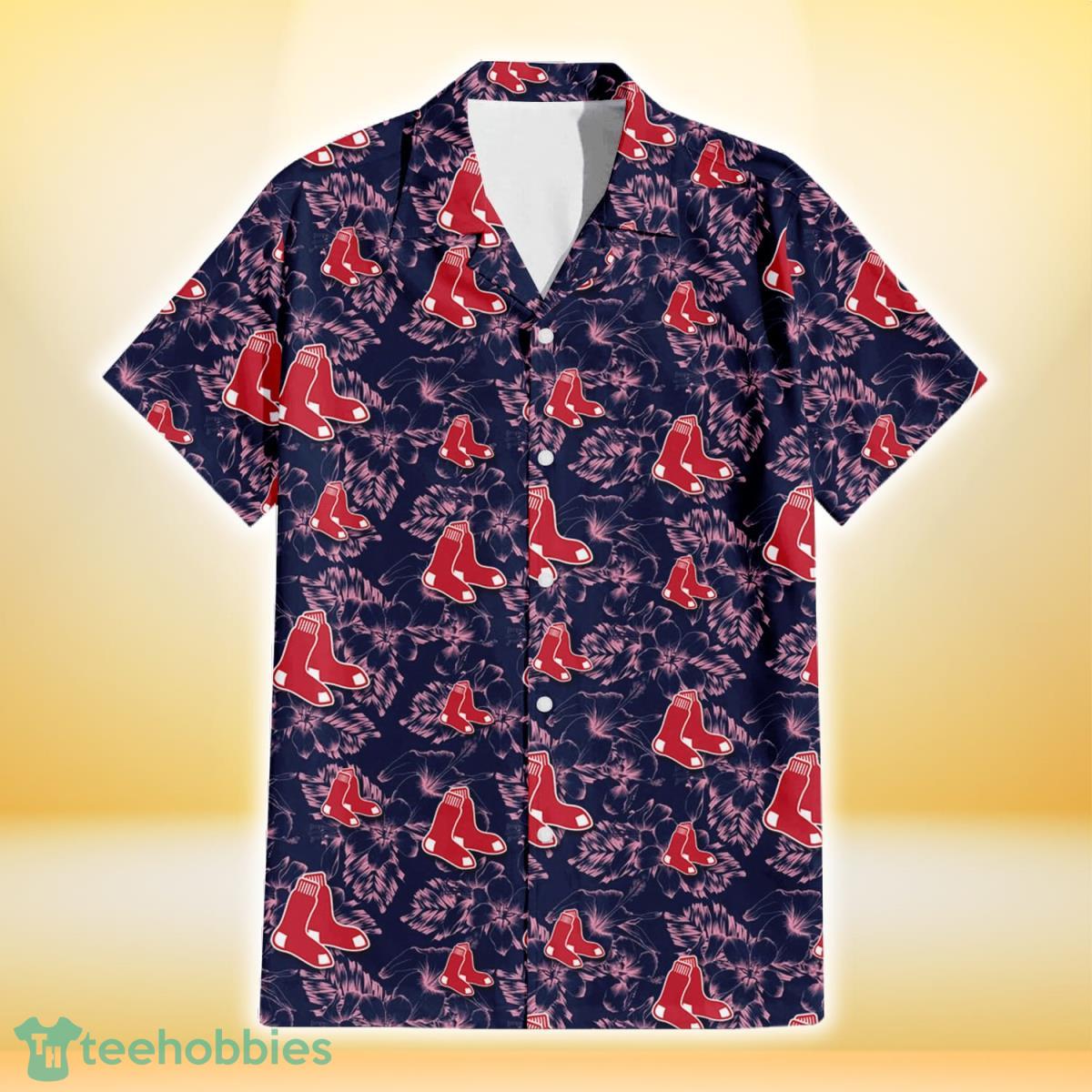 Boston Red Sox Thistle Sketch Hibiscus Dark Slate Blue Background 3D Hawaiian Shirt Gift For Fans Gift For Fans Product Photo 2