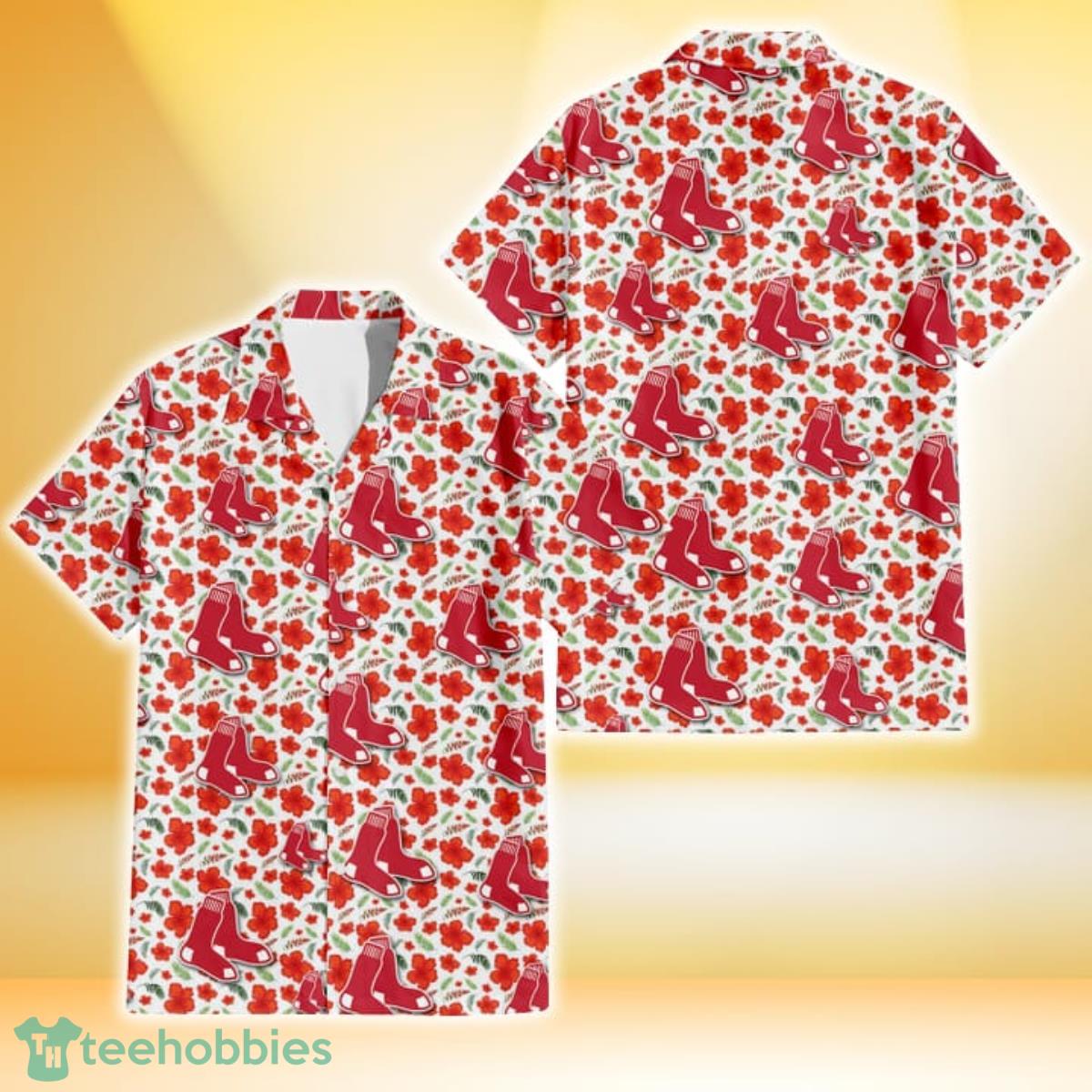 Boston Red Sox Tiny Red Hibiscus Green Leaf White Cube Background 3D Hawaiian Shirt Gift For Fans Gift For Fans Product Photo 1