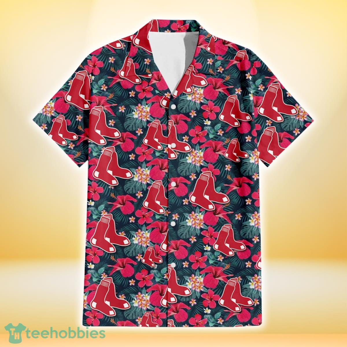 Boston Red Sox Tiny Red Hibiscus White Porcelain Flower Black Background 3D Hawaiian Shirt Gift For Fans Gift For Fans Product Photo 2