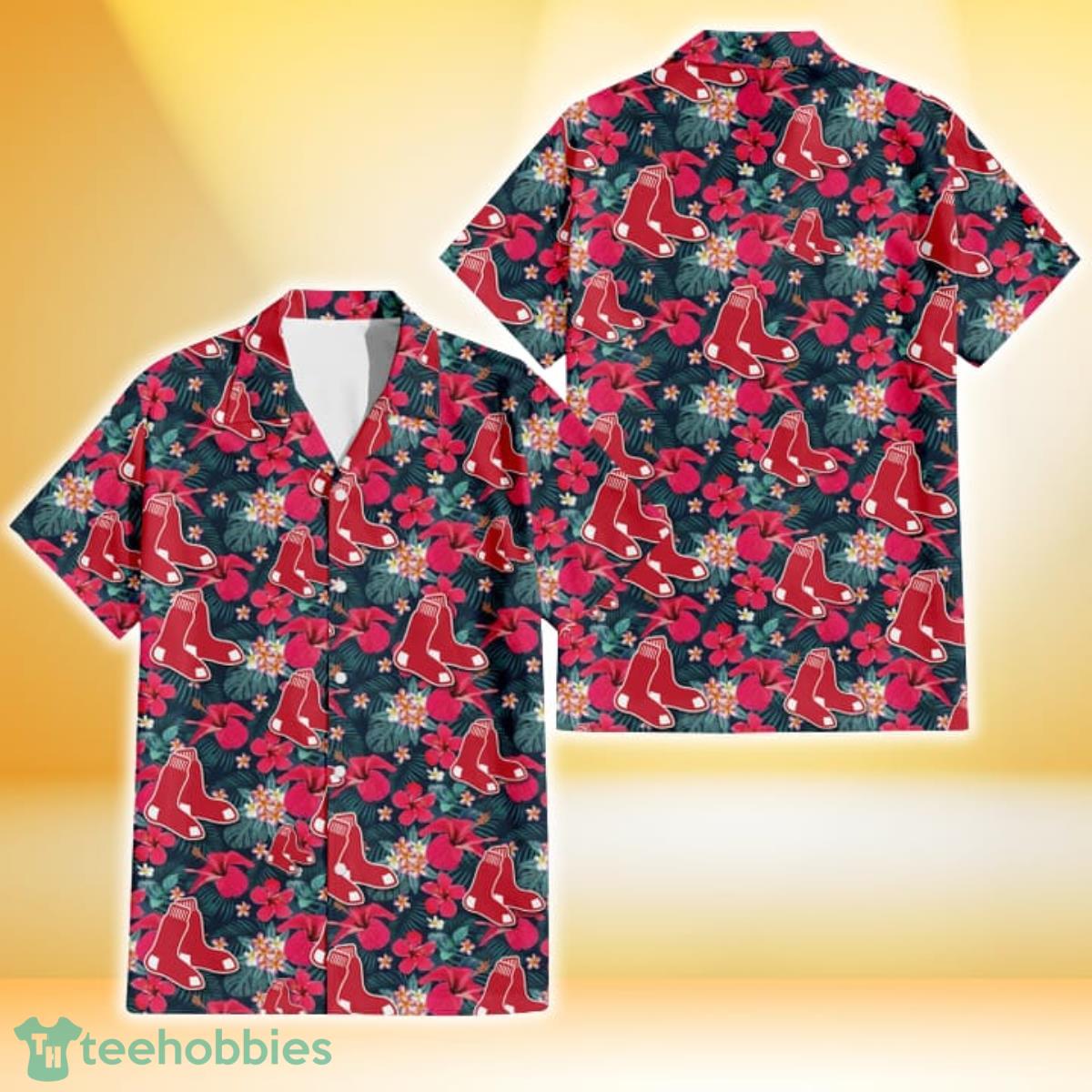 Boston Red Sox Tiny Red Hibiscus White Porcelain Flower Black Background 3D Hawaiian Shirt Gift For Fans Gift For Fans Product Photo 1