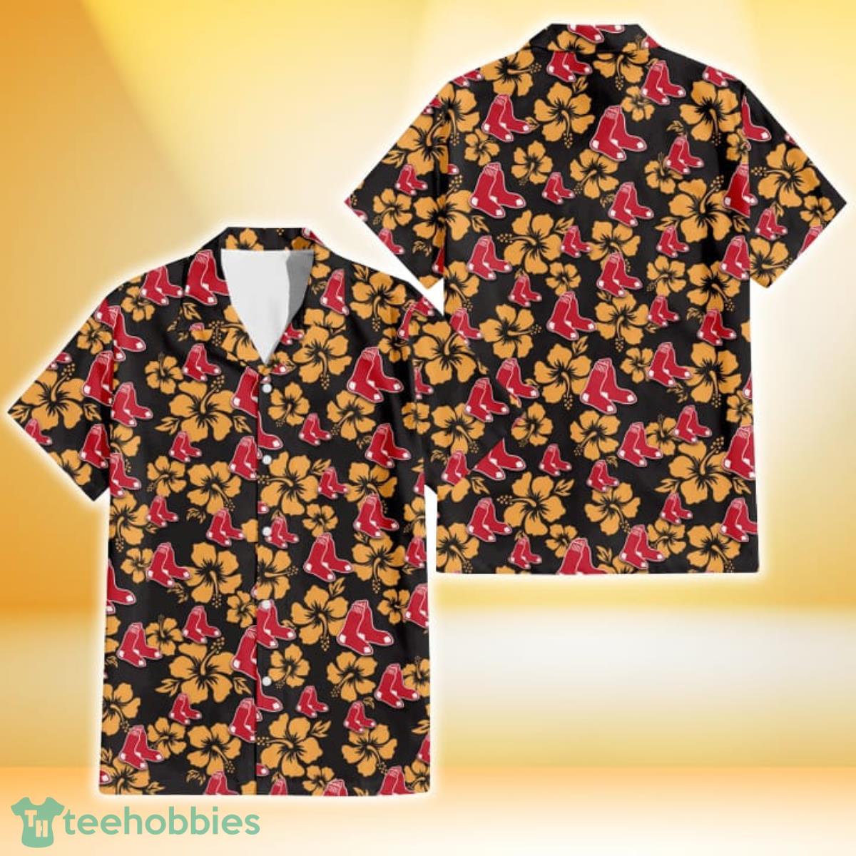 Boston Red Sox Red Hibiscus Green Blue Leaf Yellow Background 3D Hawaiian  Shirt Gift For Fans Gift For Fans
