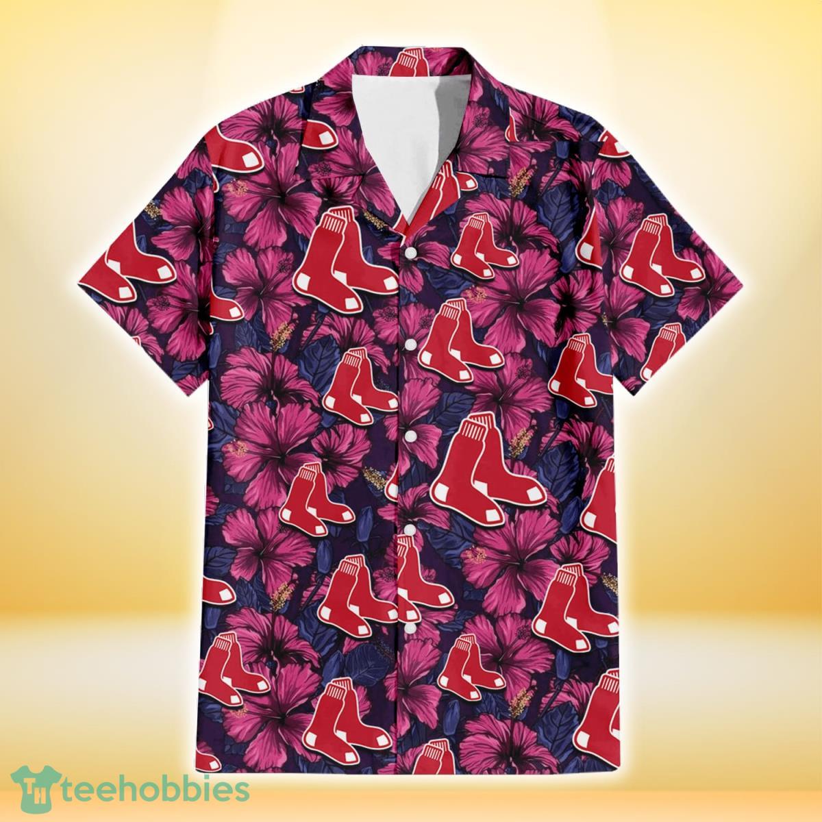 Boston Red Sox Violet Red Blue Leaf Black Background 3D Hawaiian Shirt Gift For Fans Gift For Fans Product Photo 2