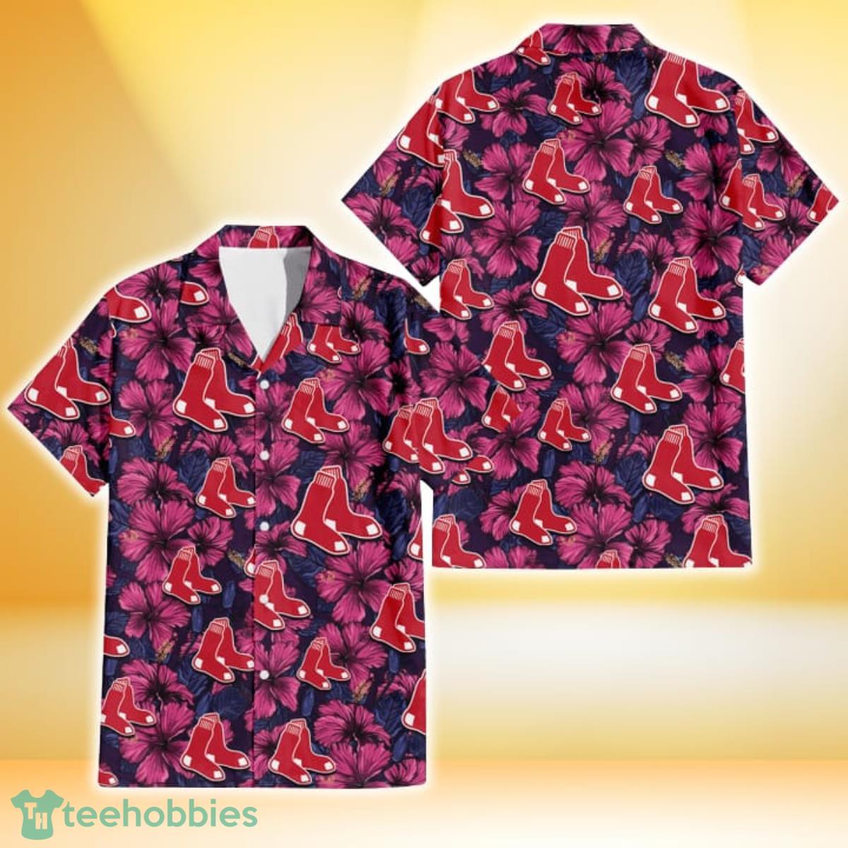Boston Red Sox Violet Red Blue Leaf Black Background 3D Hawaiian Shirt Gift For Fans Gift For Fans Product Photo 1