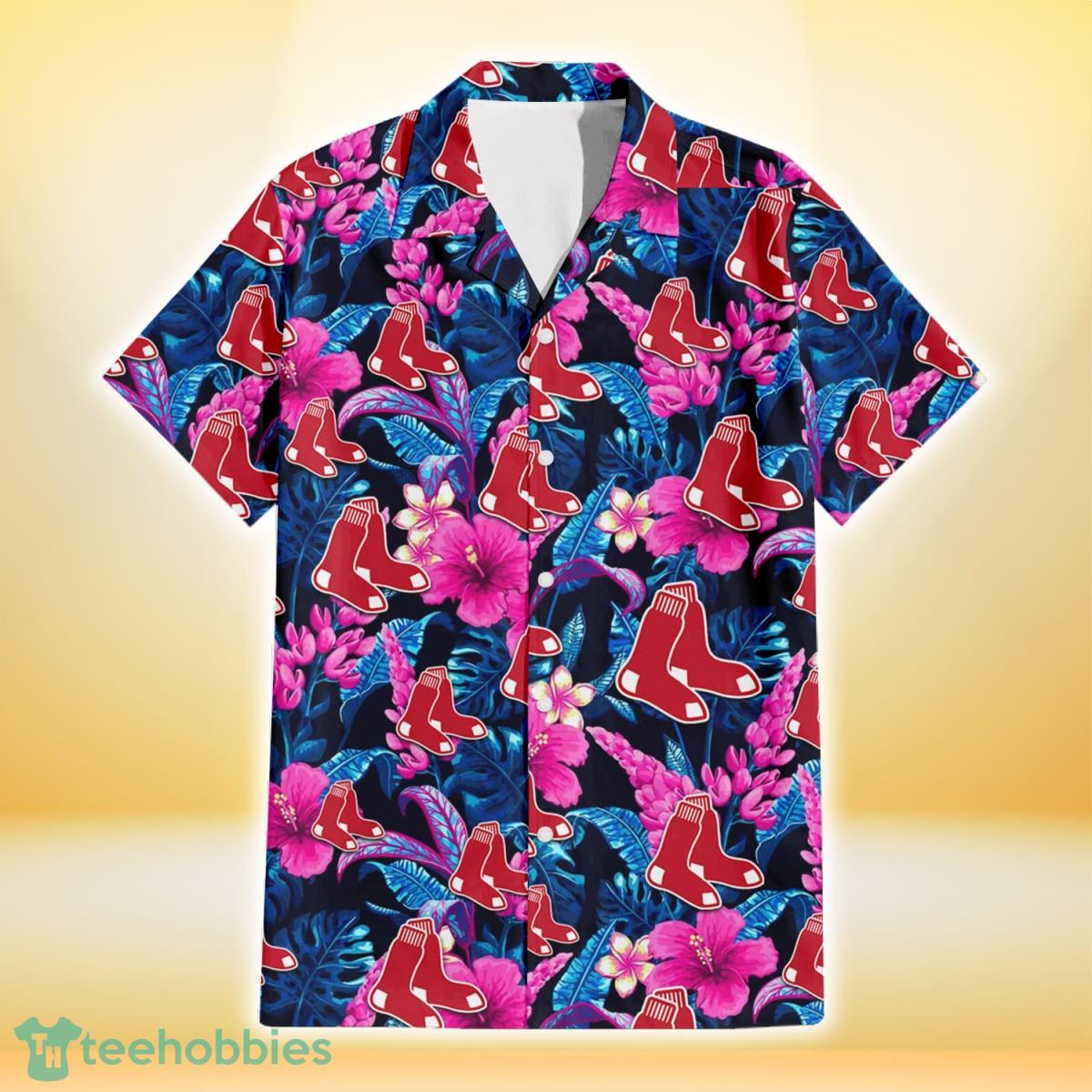 Boston Red Sox Violet Red Hibiscus Blue Leaf Black Background 3D Hawaiian Shirt Gift For Fans Gift For Fans Product Photo 2