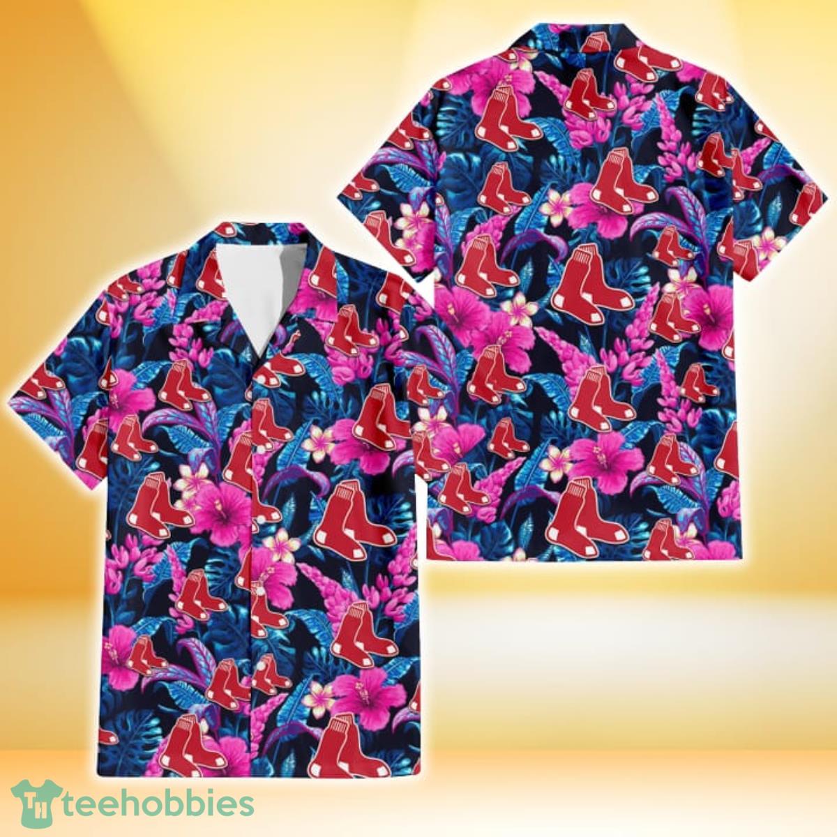 Boston Red Sox Violet Red Hibiscus Blue Leaf Black Background 3D Hawaiian Shirt Gift For Fans Gift For Fans Product Photo 1