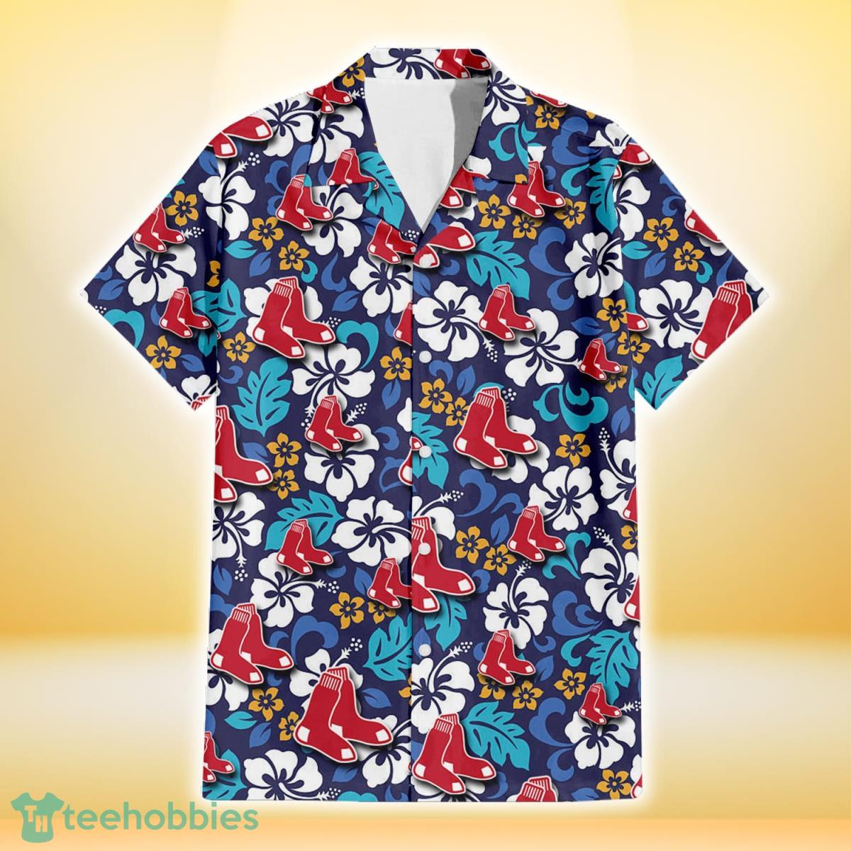 Boston Red Sox White Hibiscus Ceramic Style Navy Background 3D Hawaiian Shirt Gift For Fans Gift For Fans Product Photo 2
