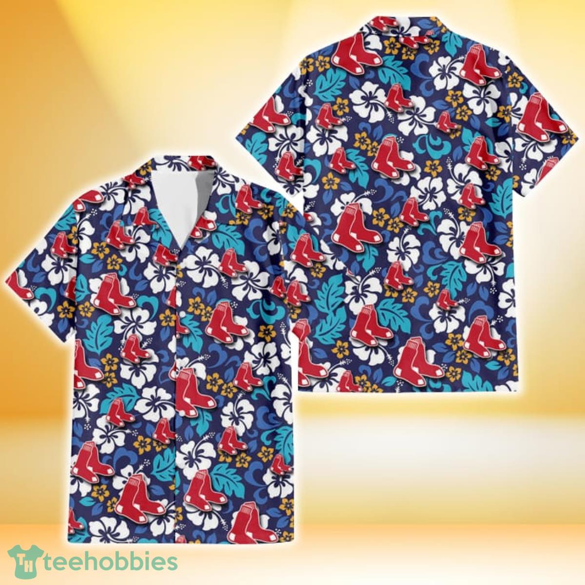 Boston Red Sox White Hibiscus Ceramic Style Navy Background 3D Hawaiian Shirt Gift For Fans Gift For Fans Product Photo 1