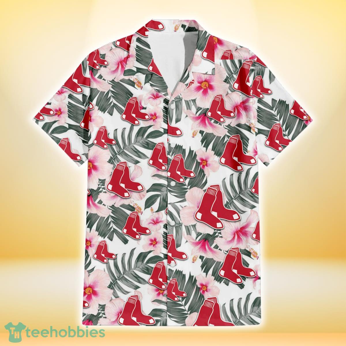 Boston Red Sox White Hibiscus Green Leaf White Background 3D Hawaiian Shirt Gift For Fans Gift For Fans Product Photo 2