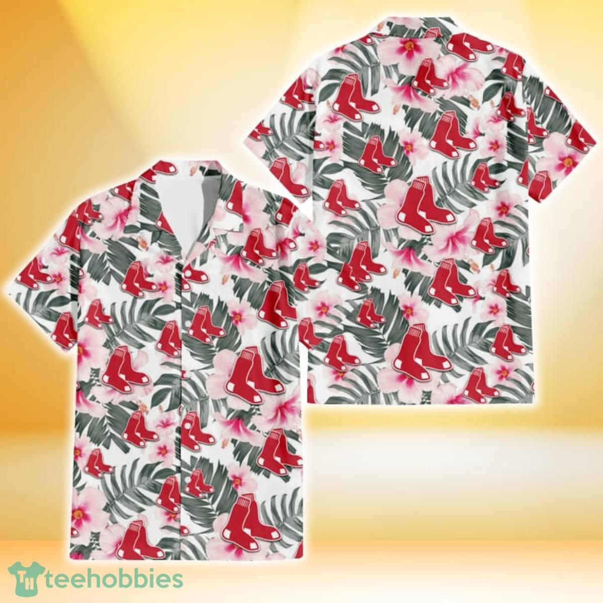 Boston Red Sox White Hibiscus Green Leaf White Background 3D Hawaiian Shirt Gift For Fans Gift For Fans Product Photo 1
