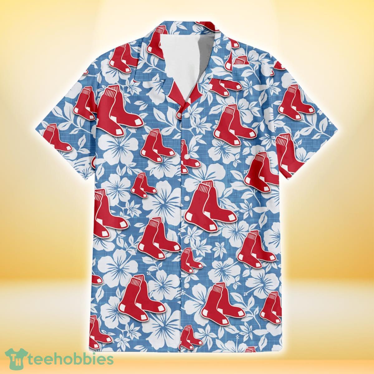 Boston Red Sox White Hibiscus Light Blue Texture Background 3D Hawaiian Shirt Gift For Fans Gift For Fans Product Photo 2