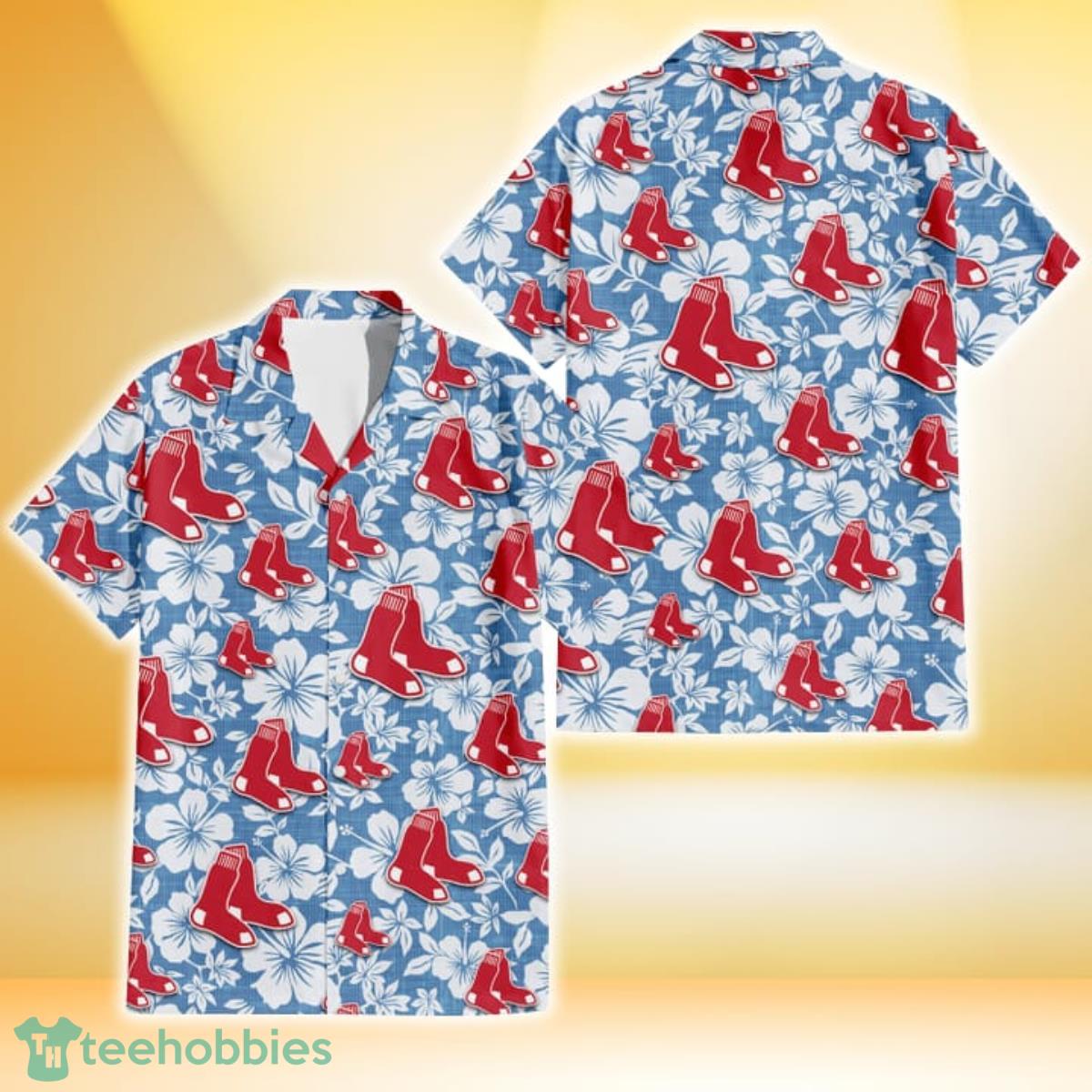 Boston Red Sox White Hibiscus Light Blue Texture Background 3D Hawaiian Shirt Gift For Fans Gift For Fans Product Photo 1