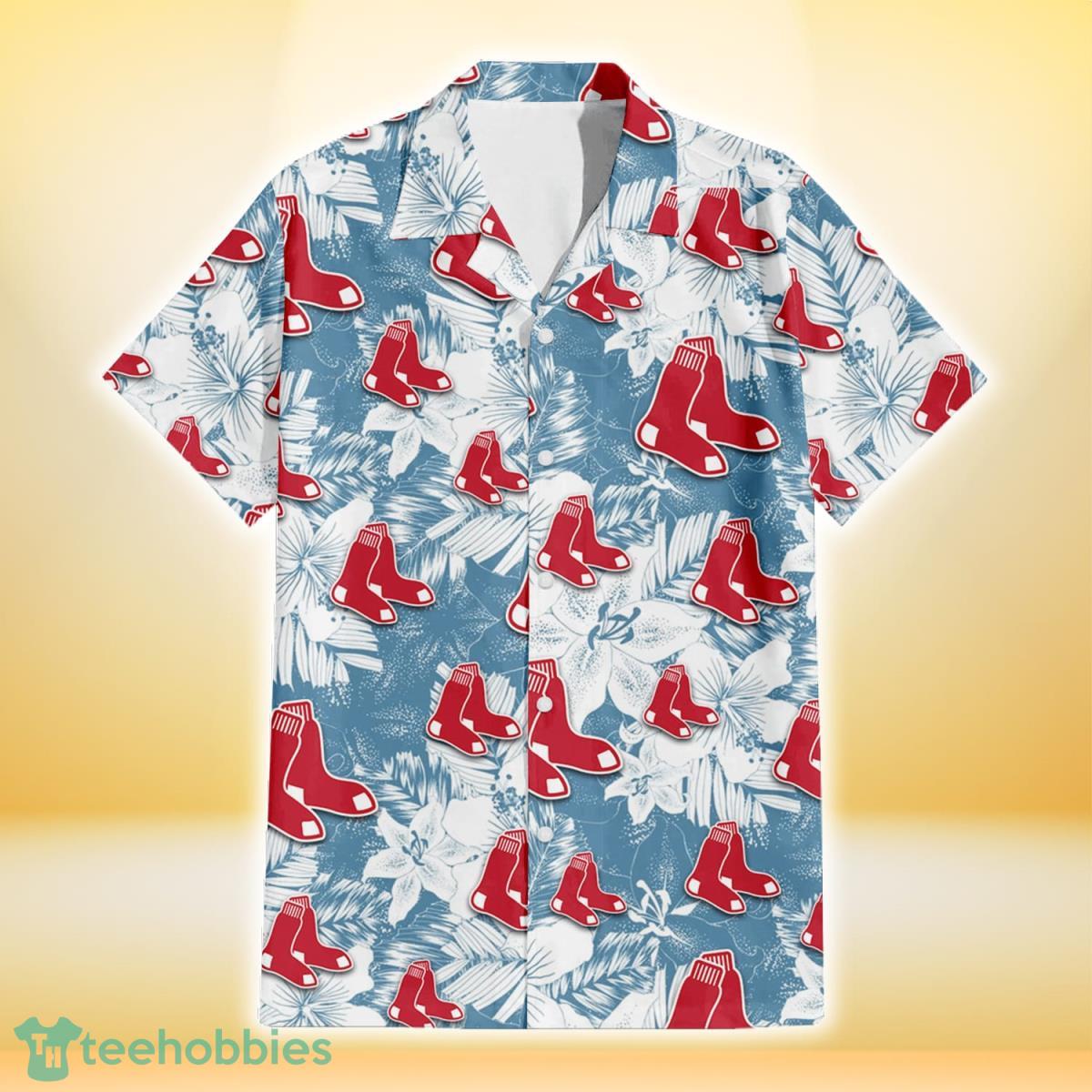 Boston Red Sox White Hibiscus Orchid Light Blue Background 3D Hawaiian Shirt Gift For Fans Gift For Fans Product Photo 2