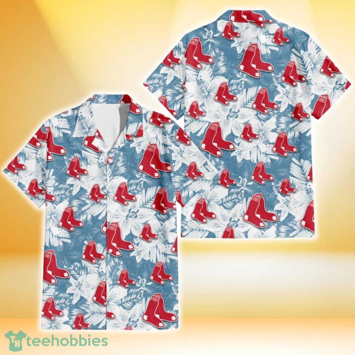 Boston Red Sox White Hibiscus Orchid Light Blue Background 3D Hawaiian Shirt Gift For Fans Gift For Fans Product Photo 1
