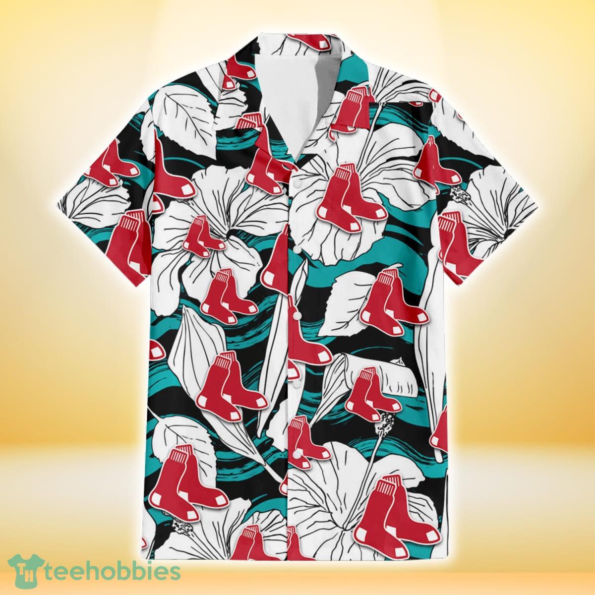 Boston Red Sox White Hibiscus Turquoise Wave Black Background 3D Hawaiian Shirt Gift For Fans Gift For Fans Product Photo 2