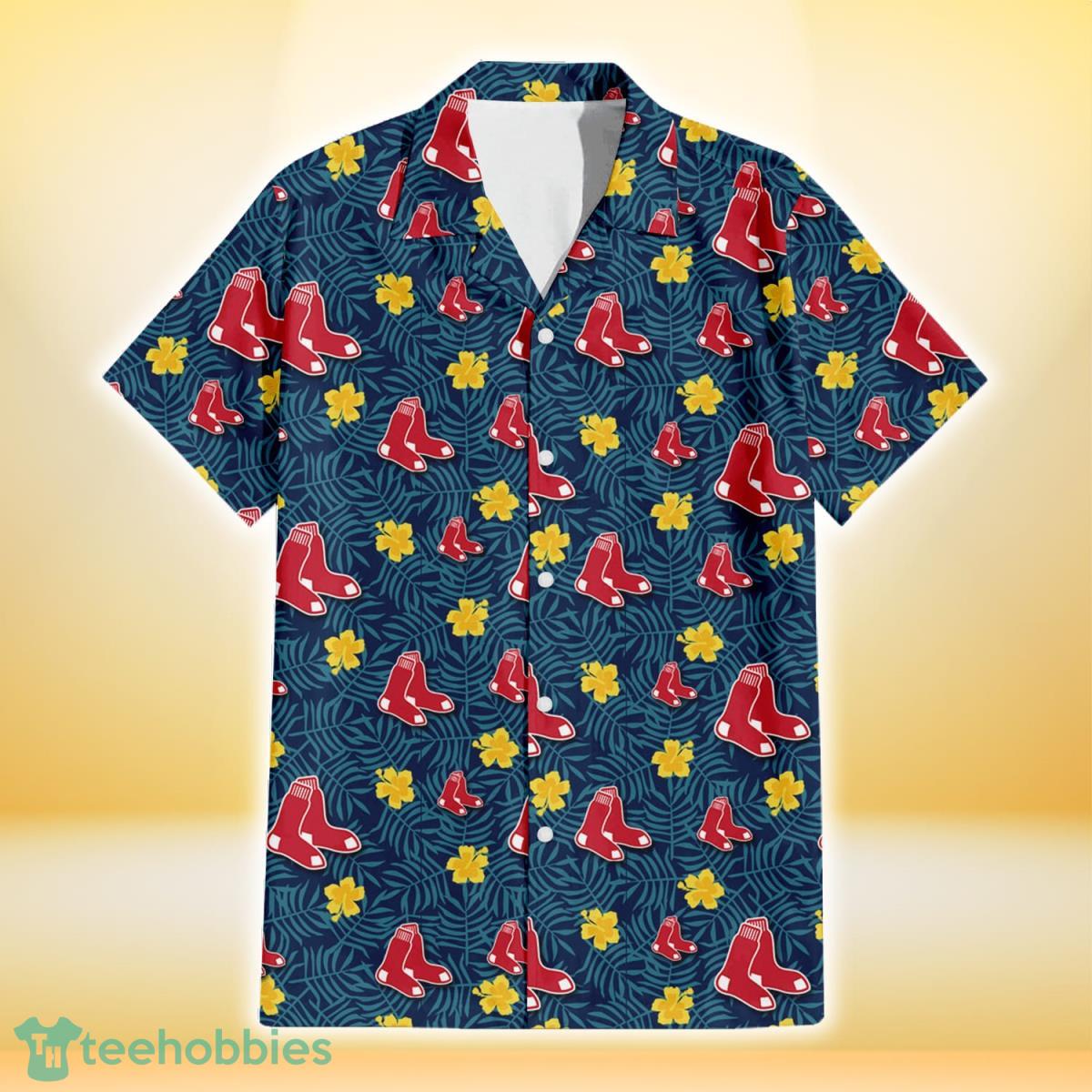 Boston Red Sox Yellow Hibiscus Cadet Blue Leaf Navy Background 3D Hawaiian Shirt Gift For Fans Gift For Fans Product Photo 2