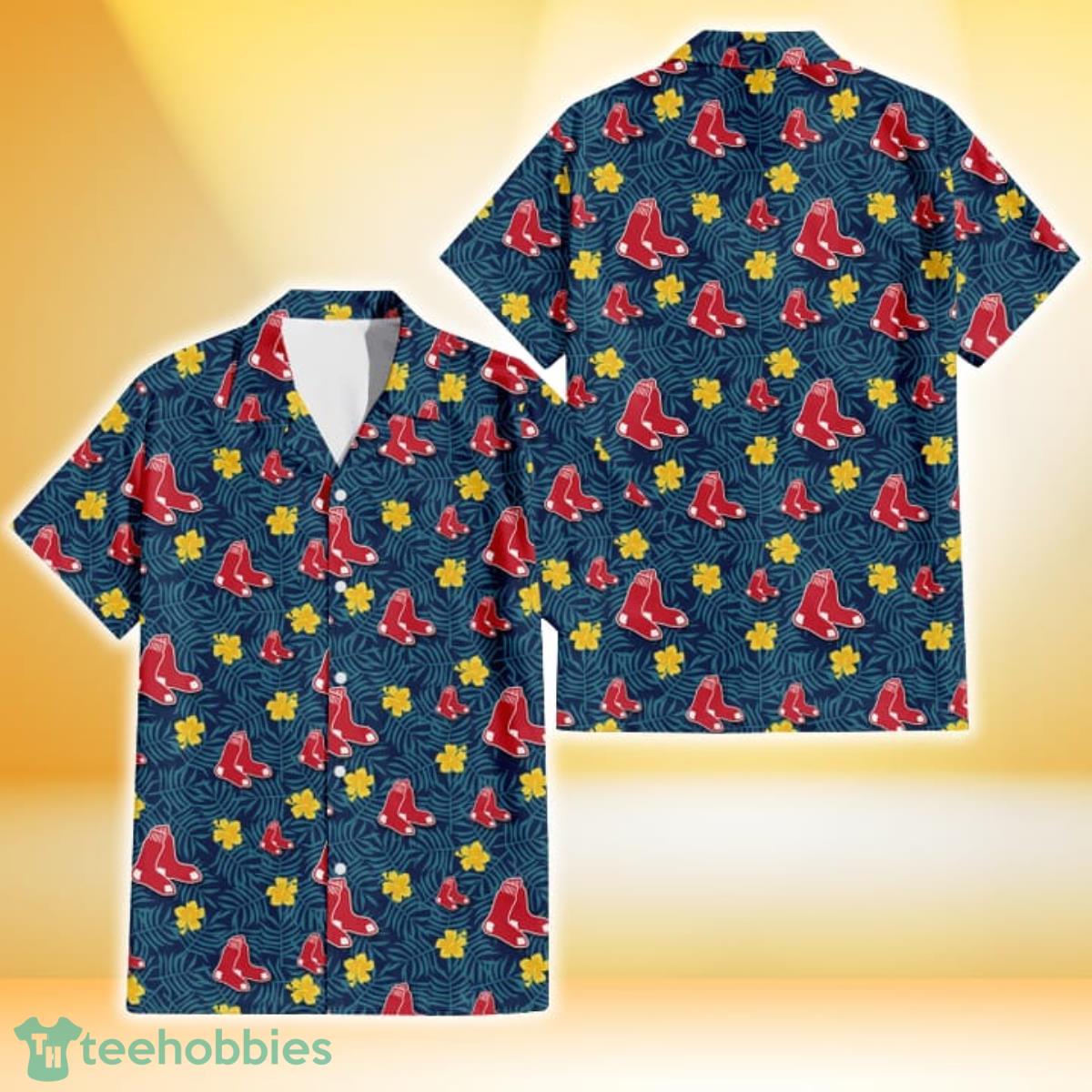 Boston Red Sox Yellow Hibiscus Cadet Blue Leaf Navy Background 3D Hawaiian Shirt Gift For Fans Gift For Fans Product Photo 1