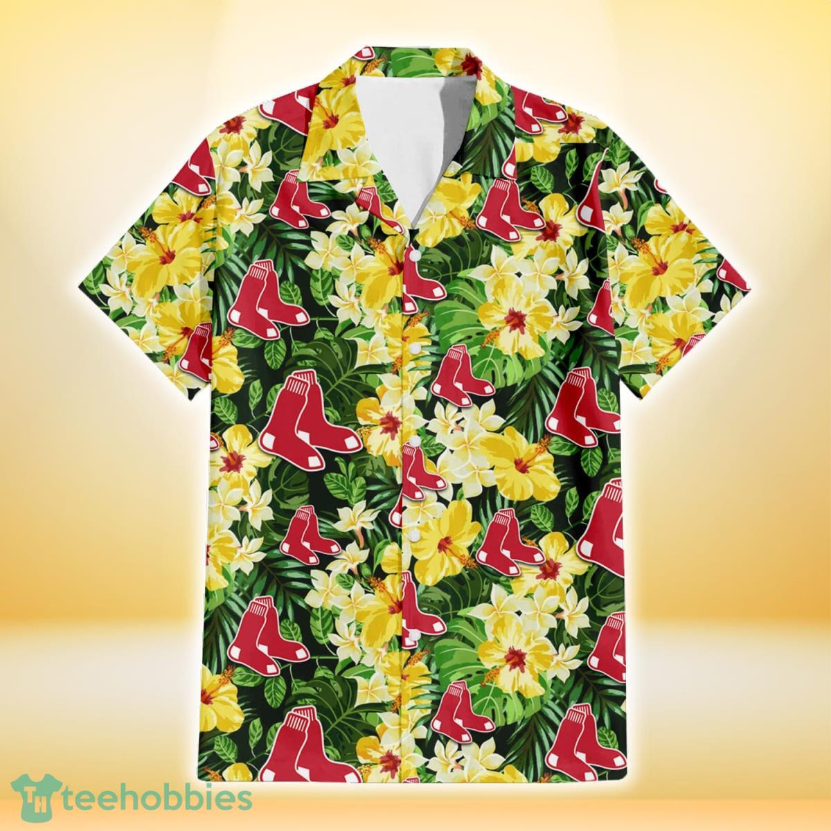 Boston Red Sox Yellow Hibiscus Tropical Green Leaf Black Background 3D Hawaiian Shirt Gift For Fans Gift For Fans Product Photo 2
