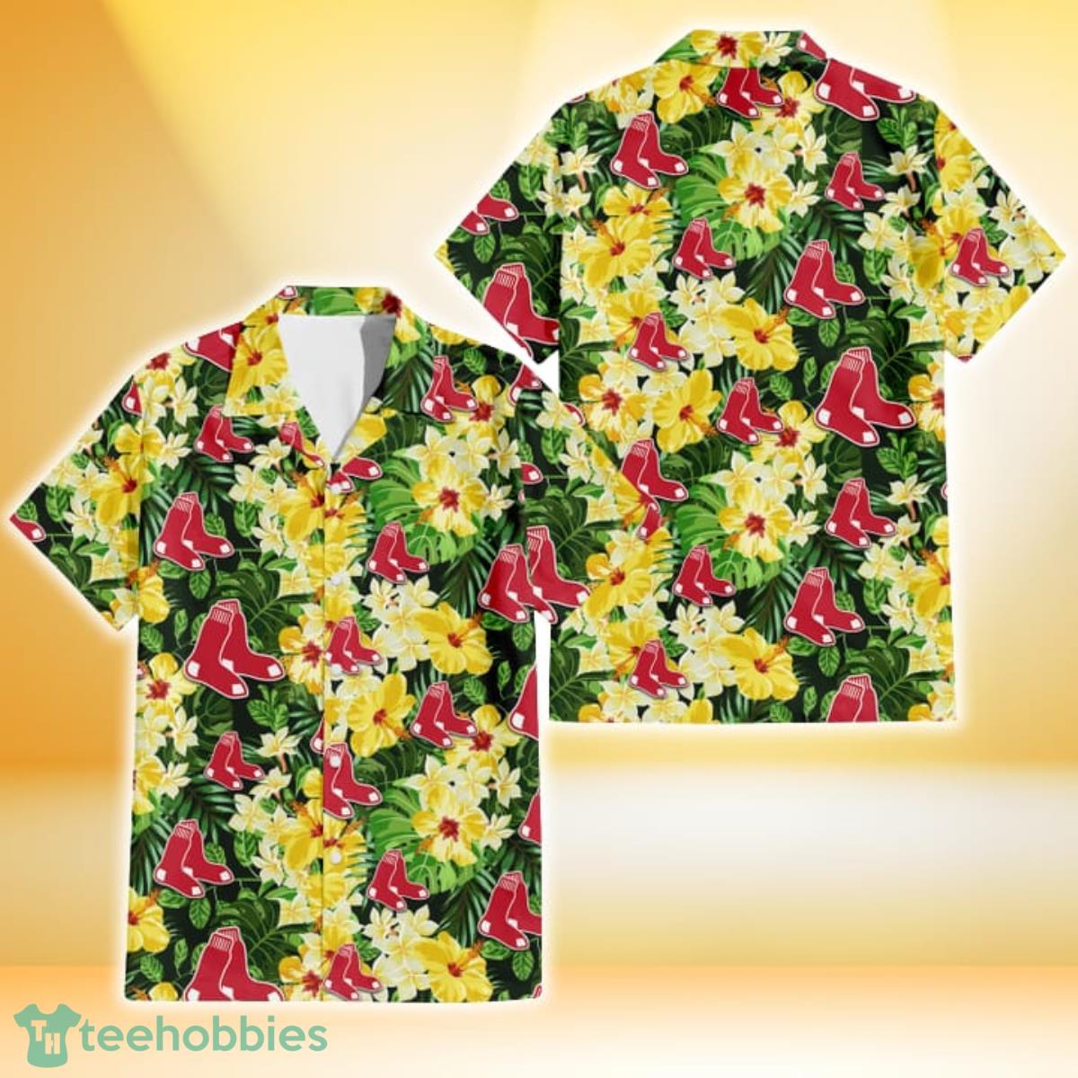 Boston Red Sox Yellow Hibiscus Tropical Green Leaf Black Background 3D Hawaiian Shirt Gift For Fans Gift For Fans Product Photo 1