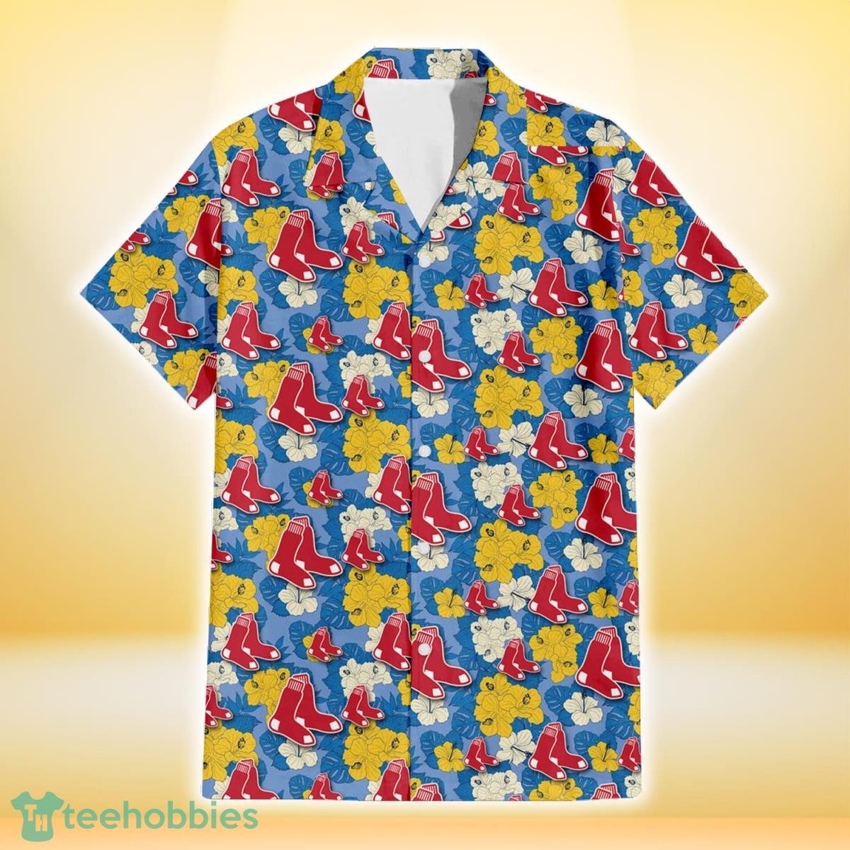 Boston Red Sox Yellow White Hibiscus Powder Blue Background 3D Hawaiian Shirt Gift For Fans Gift For Fans Product Photo 2