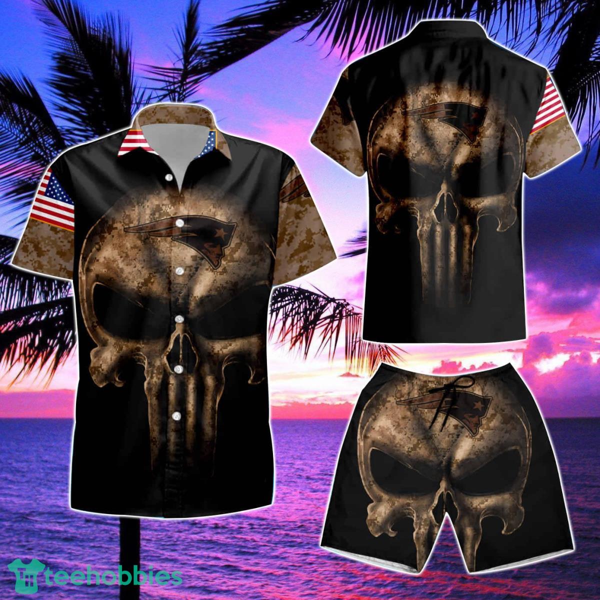 Camouflage Skull New England Patriots American Flag Summer Hawaiian Shirt And Short Product Photo 2