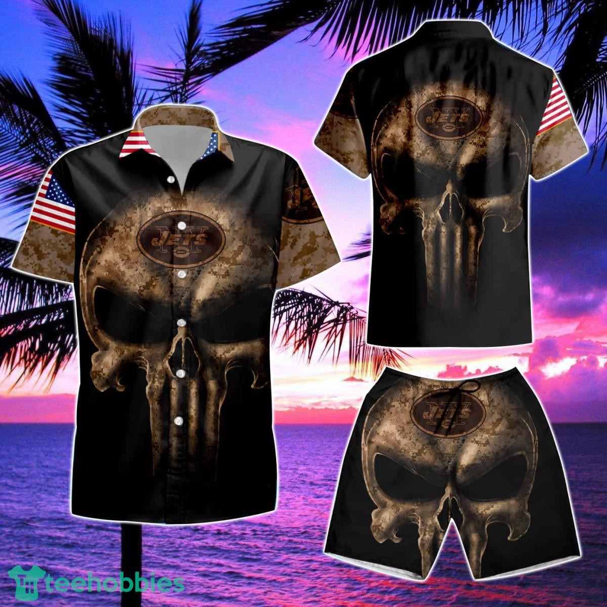 Camouflage Skull New York Jets American Flag Summer Hawaiian Shirt And Short Product Photo 2