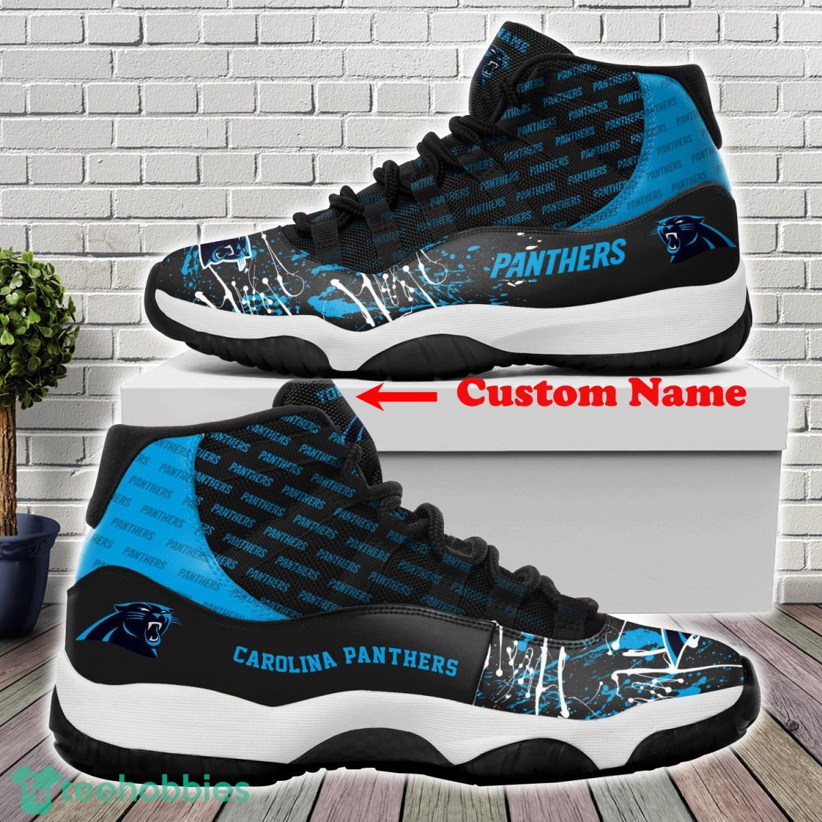 Custom Name Carolina Panthers Logo All Print Air Jordan 13 Shoes For Men  And Women - Banantees