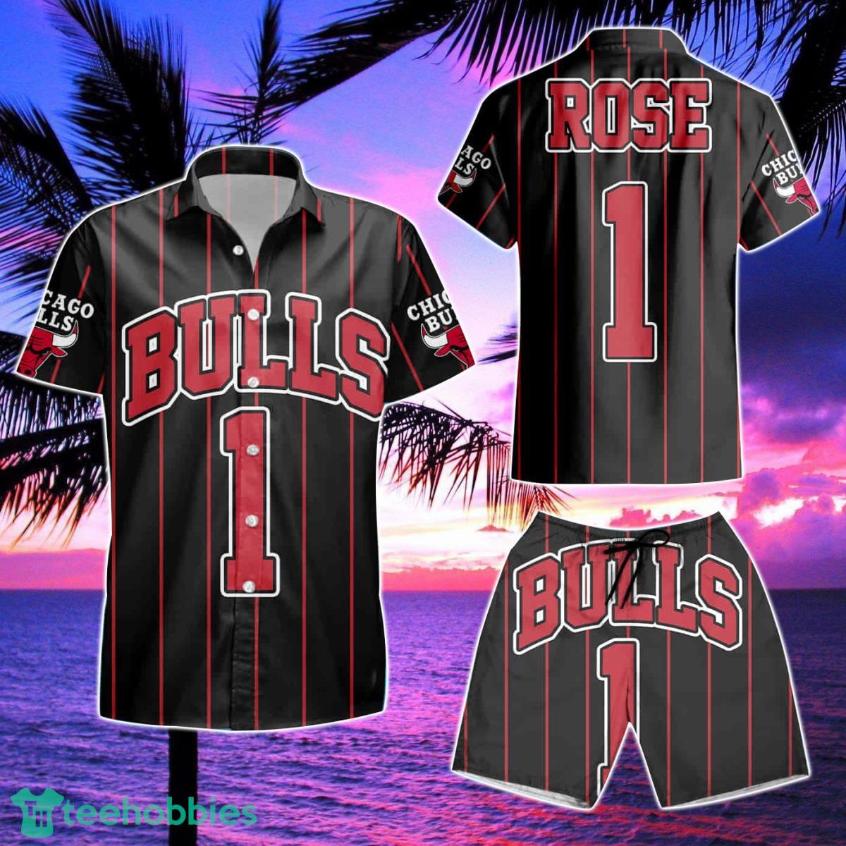 Chicago Bulls Derrick Rose 1 Nba Throwback Red Stripes Summer Hawaiian Shirt And Short Product Photo 2
