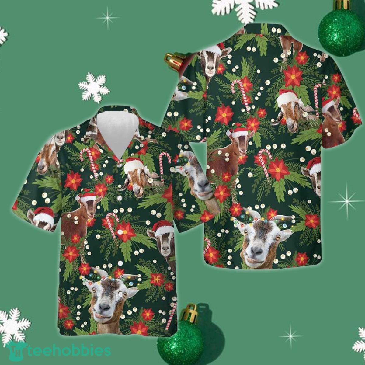 Christmas Goat With Poinsettia Flower Hawaiian Shirt Funny Xmas Goat Shirt Gifts For Guys Product Photo 1