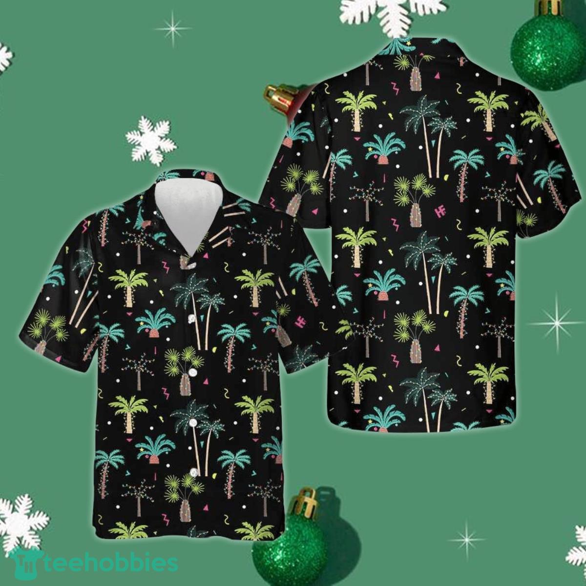 Christmas Palm Trees Hawaiian Shirt Black Button Up Shirt Gifts For Xmas Product Photo 1
