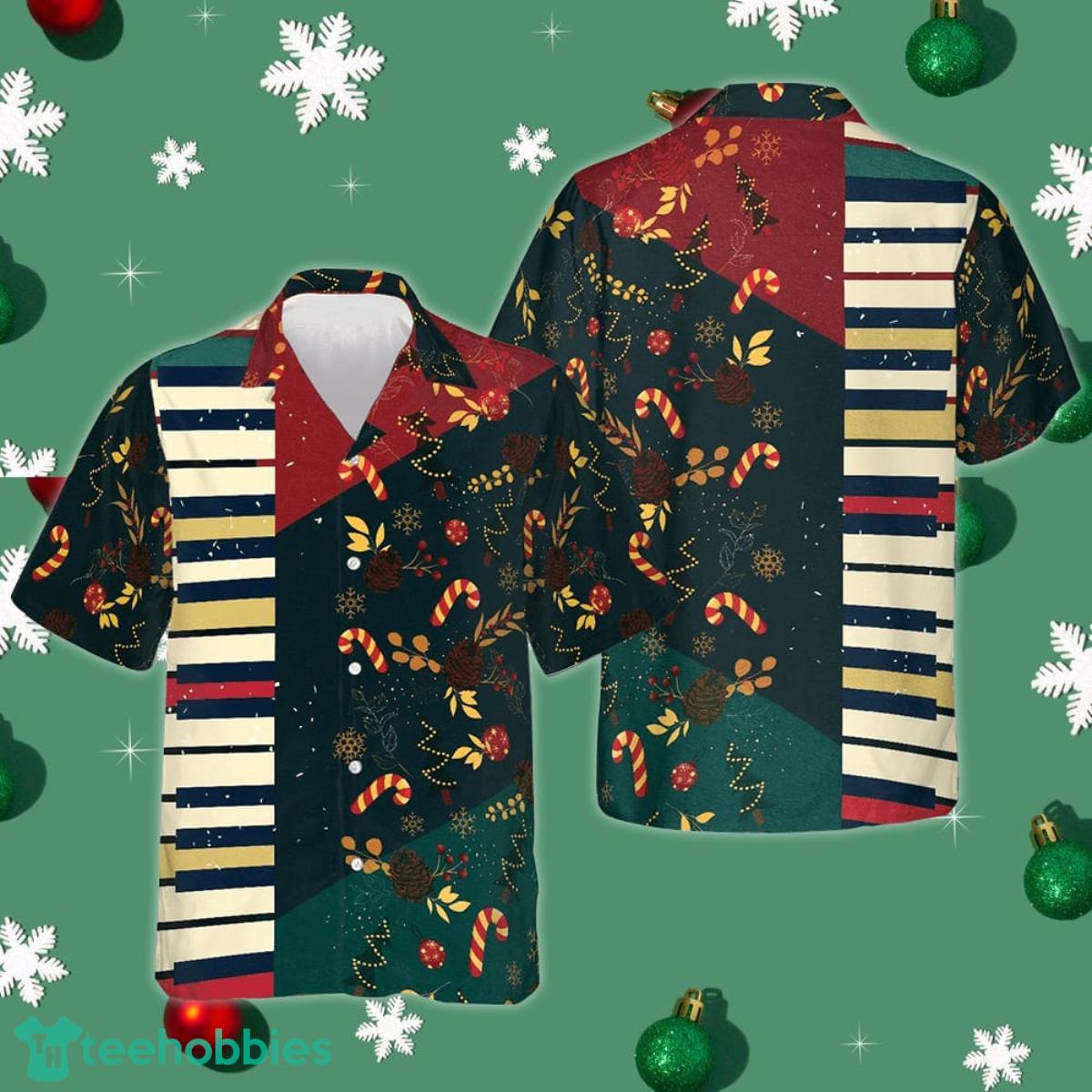 Christmas Pattern with Piano Hawaiian Shirt Christmas Button Up Shirt Gifts For Piano Lovers Product Photo 1