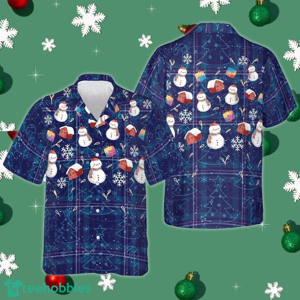 Christmas Snowman Dark Blue Plaid Hawaiian Shirt Best Button Up Shirt Xmas Gift Ideas Product Photo 1