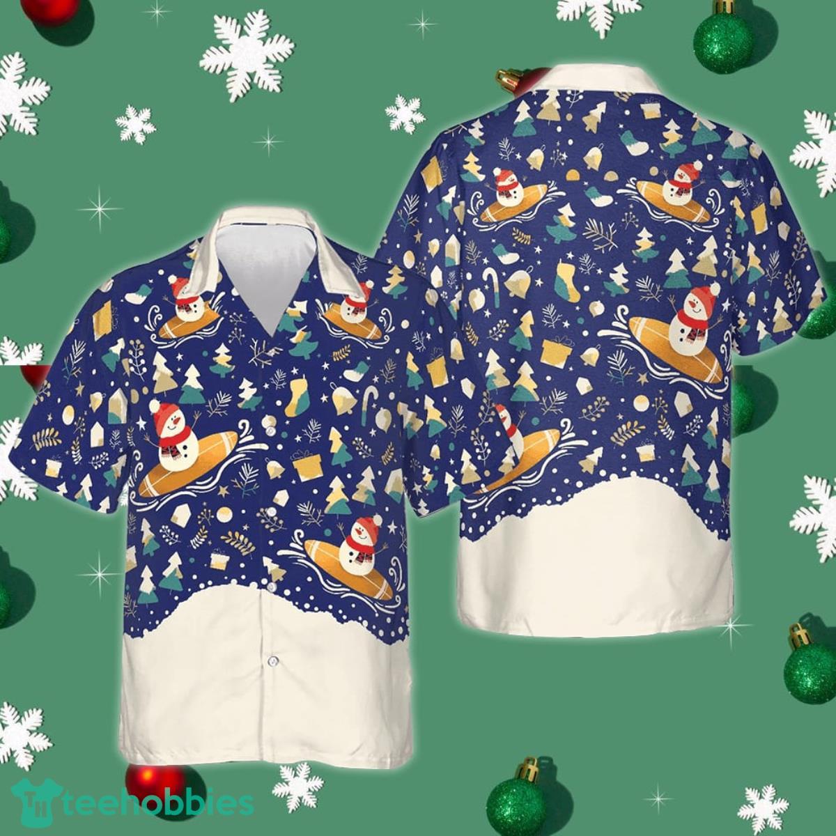 Christmas Snowman Surfing Hawaiian Shirt Christmas Button Down Shirt Product Photo 1