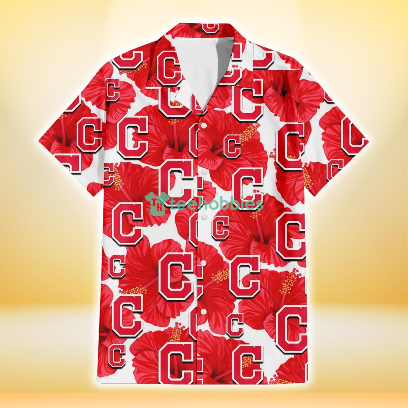Cleveland Indians Big Red Hibiscus White Background 3D Hawaiian Shirt Gift For Fans Product Photo 2
