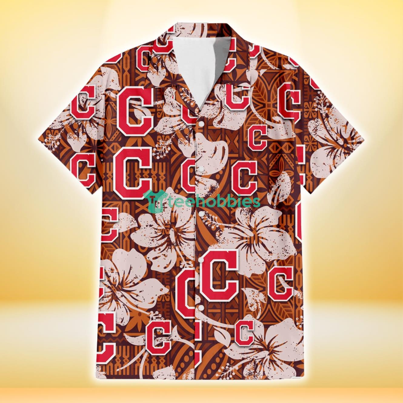 Cleveland Indians Bisque Hibiscus Brown Pattern 3D Hawaiian Shirt Gift For Fans Product Photo 2