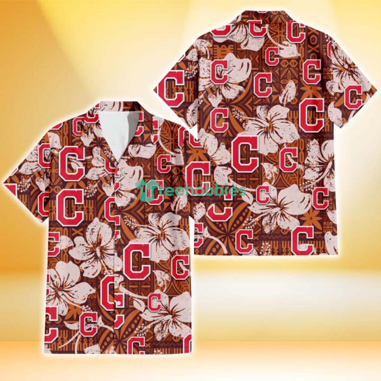 Cleveland Indians Bisque Hibiscus Brown Pattern 3D Hawaiian Shirt Gift For Fans Product Photo 1