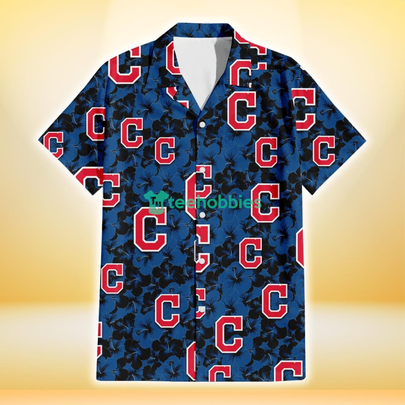 Cleveland Indians Black Dark Blue Hibiscus Black Background 3D Hawaiian Shirt Gift For Fans Product Photo 2