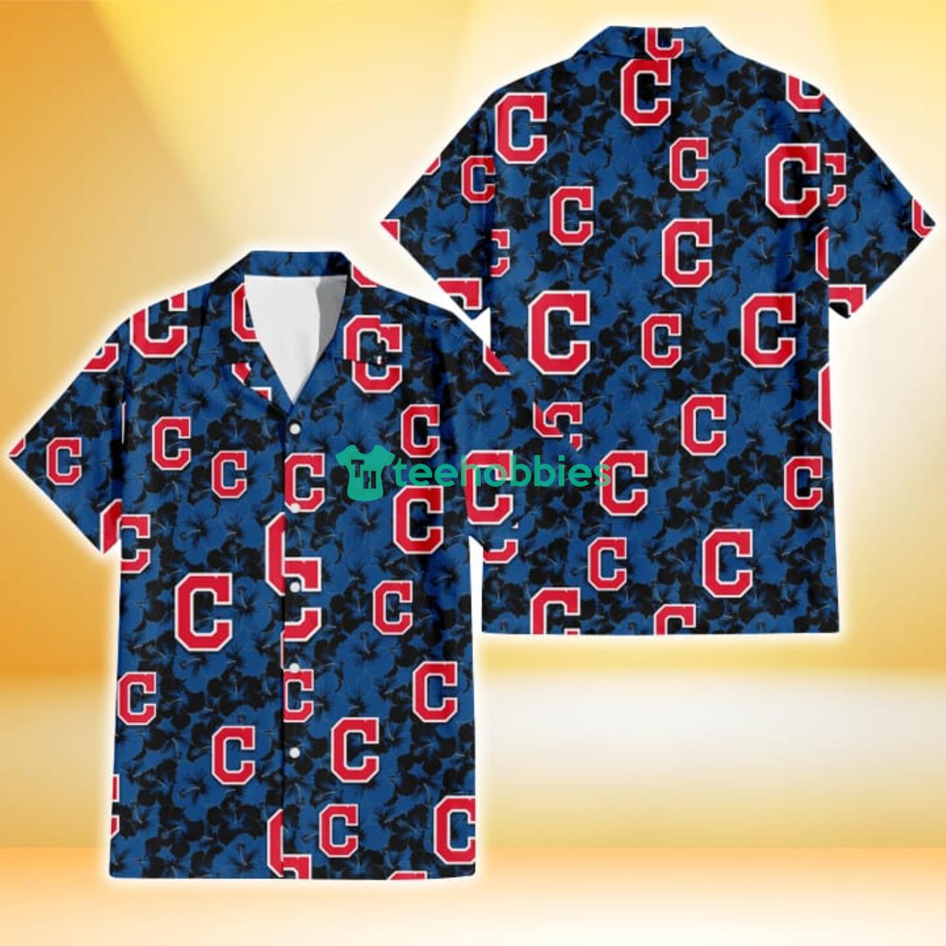 Cleveland Indians Black Dark Blue Hibiscus Black Background 3D Hawaiian Shirt Gift For Fans Product Photo 1