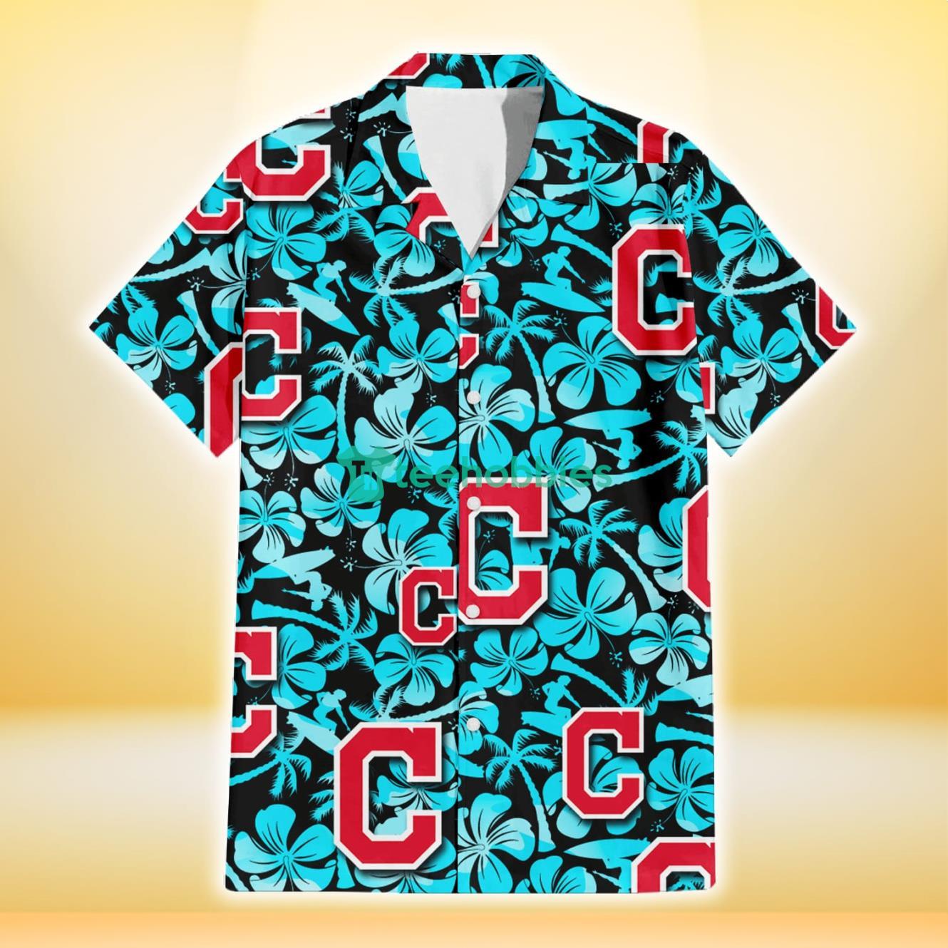 Cleveland Indians Blue Hibiscus Blue Coconut Tree Black Background 3D Hawaiian Shirt Gift For Fans Product Photo 2