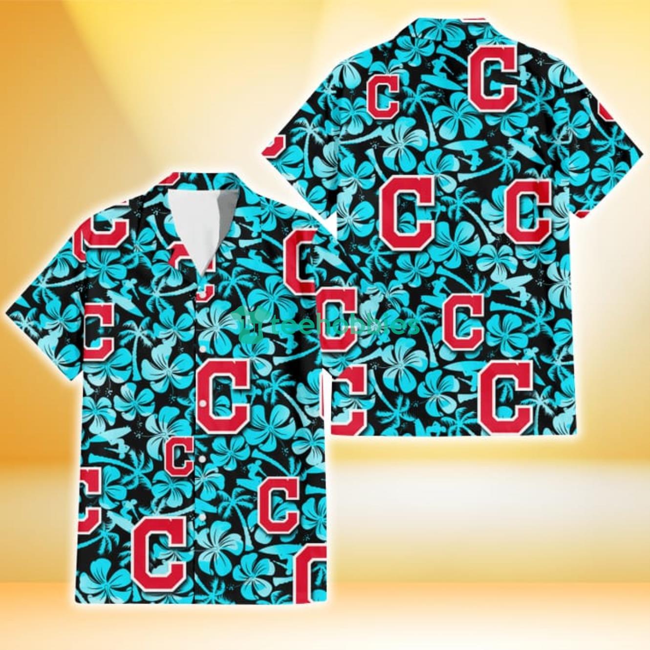 Cleveland Indians Blue Hibiscus Blue Coconut Tree Black Background 3D Hawaiian Shirt Gift For Fans Product Photo 1