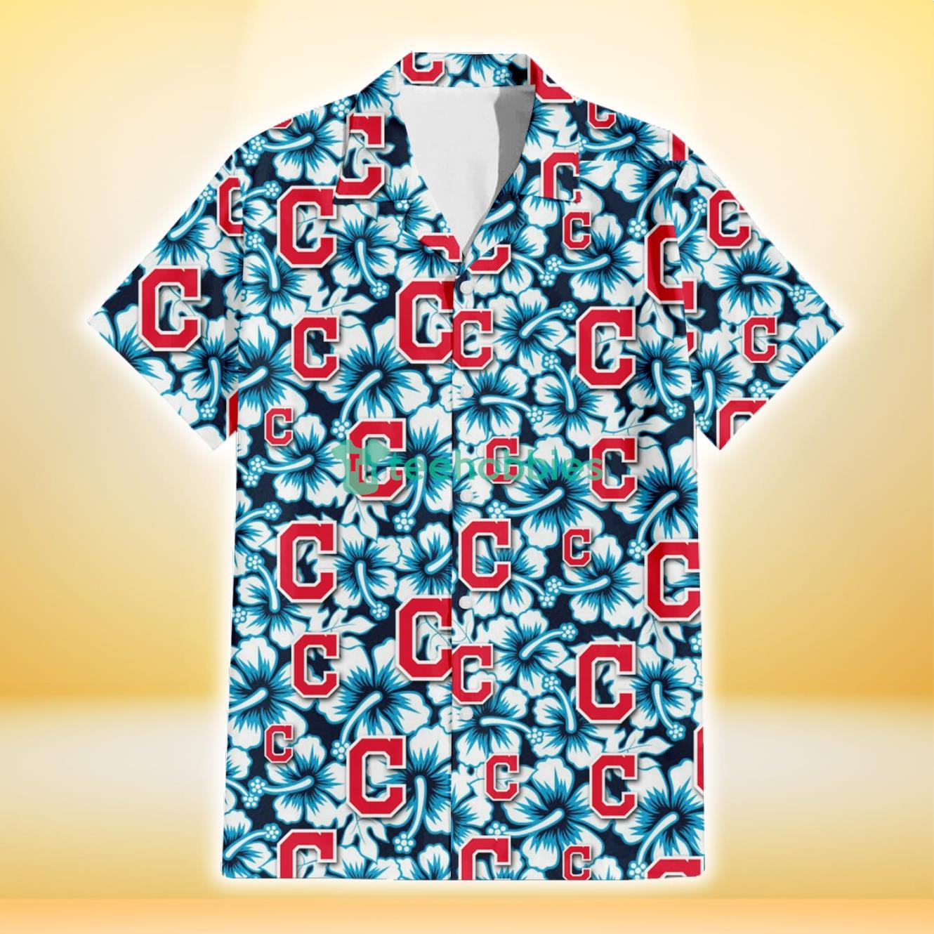 Cleveland Indians Blue Line White Hibiscus Black Background 3D Hawaiian Shirt Gift For Fans Product Photo 2