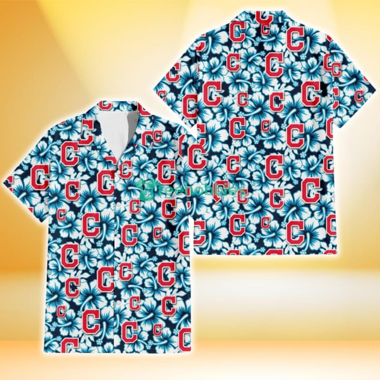 Cleveland Indians Blue Line White Hibiscus Black Background 3D Hawaiian Shirt Gift For Fans Product Photo 1