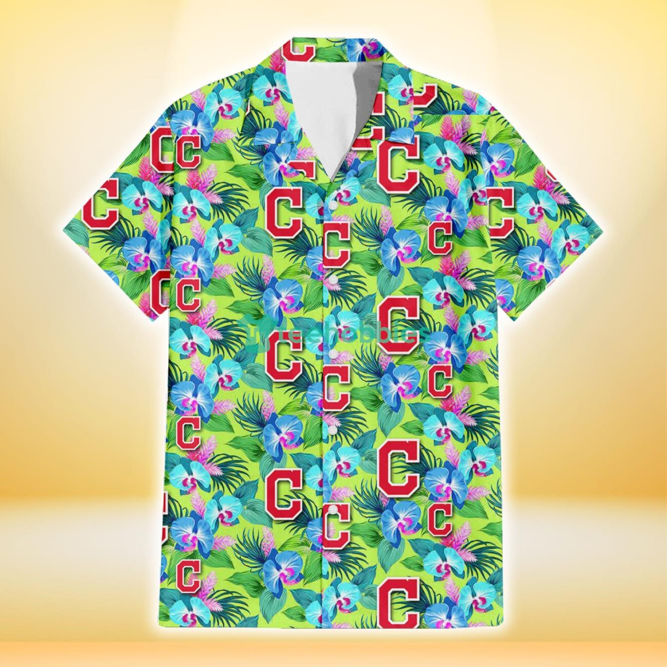 Cleveland Indians Blue Orchid Green Pink Leaf Green Background 3D Hawaiian Shirt Gift For Fans Product Photo 2