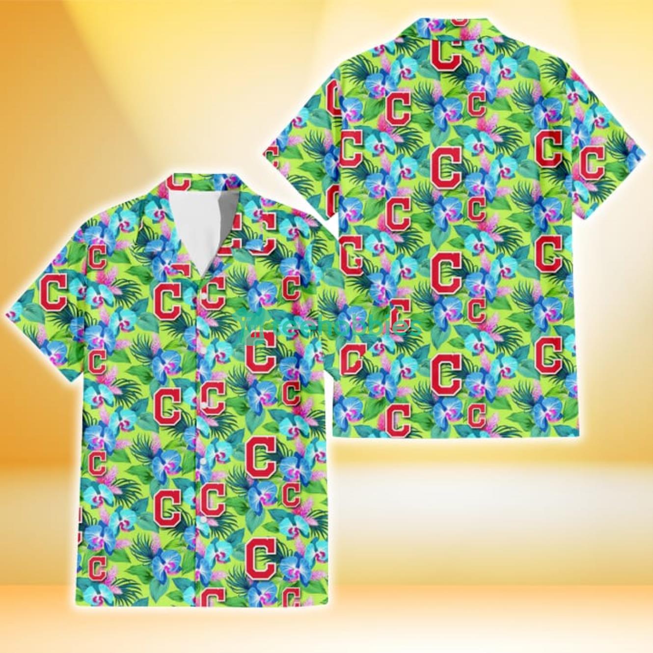 Cleveland Indians Blue Orchid Green Pink Leaf Green Background 3D Hawaiian Shirt Gift For Fans Product Photo 1